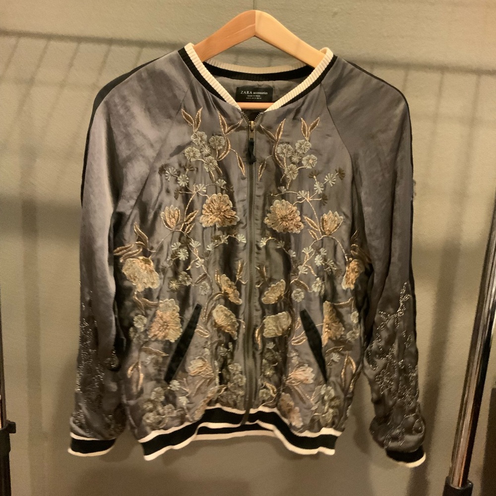 Zara Gray Bomber Jacket with Floral Embroidery
